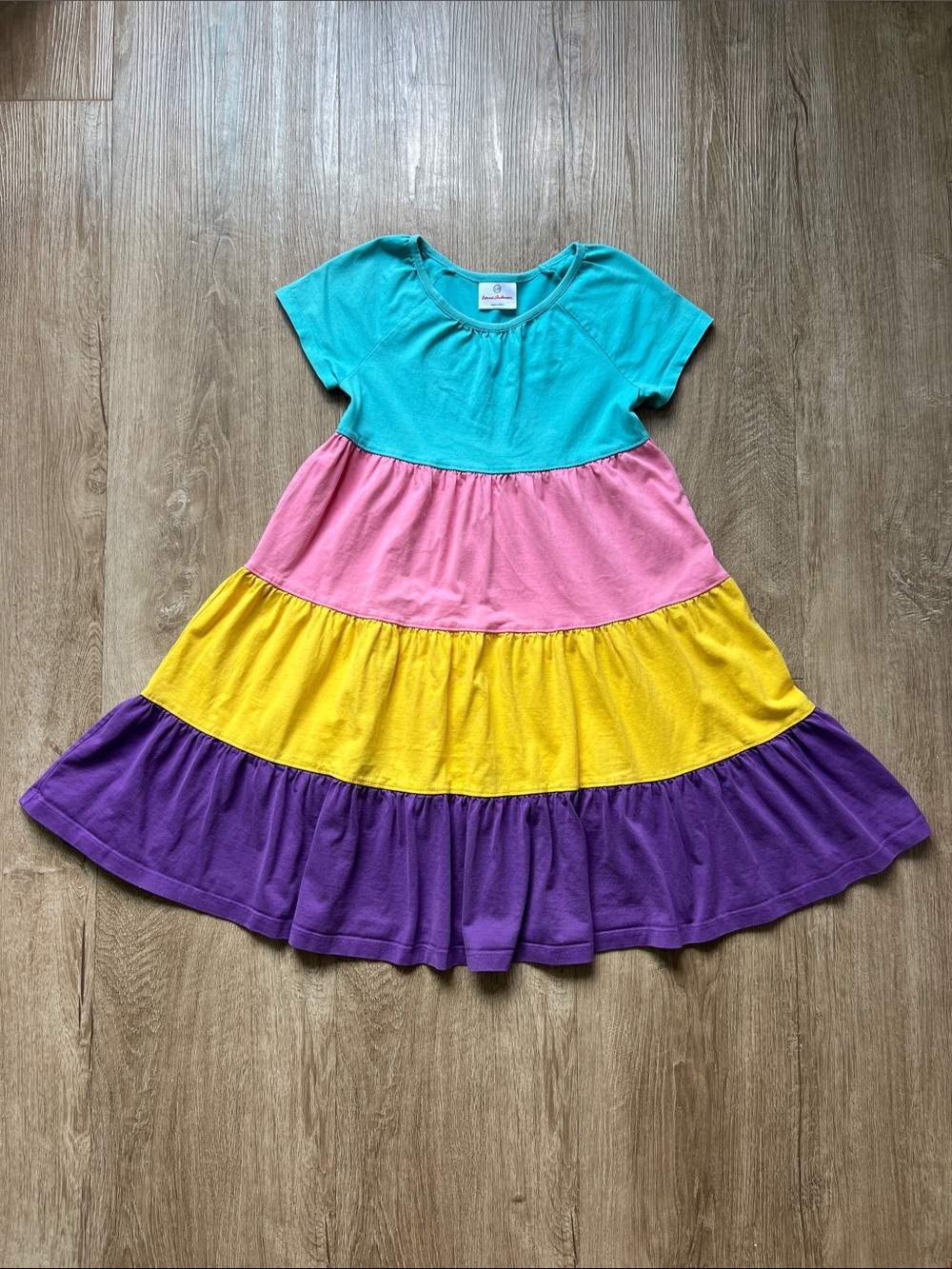Hanna Andersson Girls Color-block Tiered  Short Sleeve Summer Dress Size 120cm